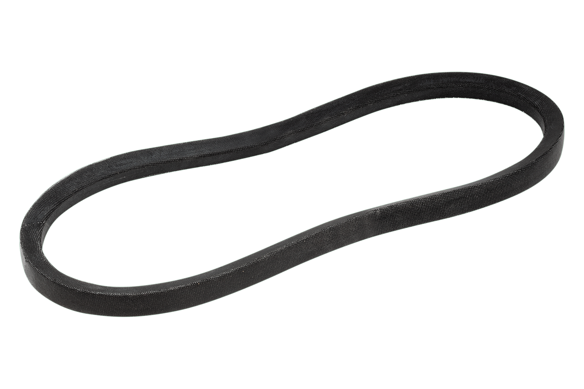 Imagem de 1 correia trapezoidal clássica lisa, de cor preta, e num fundo branco. | Correias Trapezoidais Clássicas (Lisas e Dentadas) — 1 guia Técnico Completo